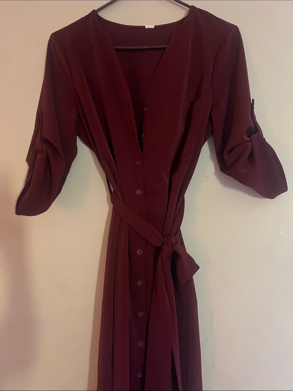 Women's Button-Front Belted Dress in Burgundy